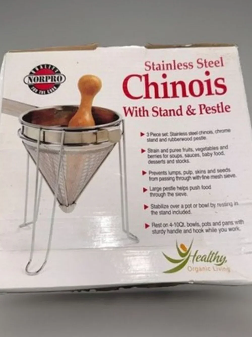 NIB Norpro Stainless Steel Chinois With Stand & Rubberwood Pestle, 3-Piece Set
